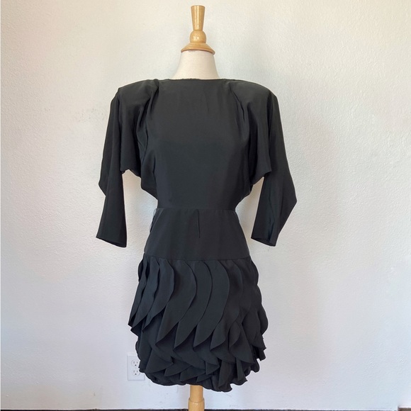 Vintage 80s Black Long Sleeve Ruffle Skirt Dress - Picture 1 of 10